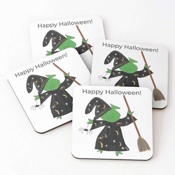 Item preview, Halloween white witch with broomstick and spider.  Cute pig in fancy dress, green, white, Halloween designed and sold by PiggingJapan.