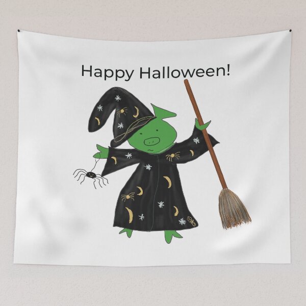 Item preview, Halloween white witch with broomstick and spider.  Cute pig in fancy dress, green, white, Halloween designed and sold by PiggingJapan.