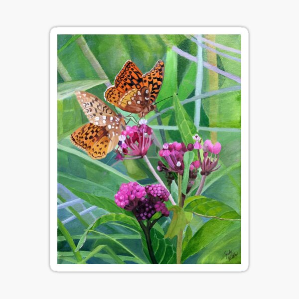 Acrylic painting of two fritillaries on a Joe Pye weed in the middle of wetlands. Sticker