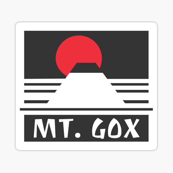 Mt. Gox - a mountain with the japanese sun setting and the words Mt. Gox the famous bitcoin exchange written below Sticker