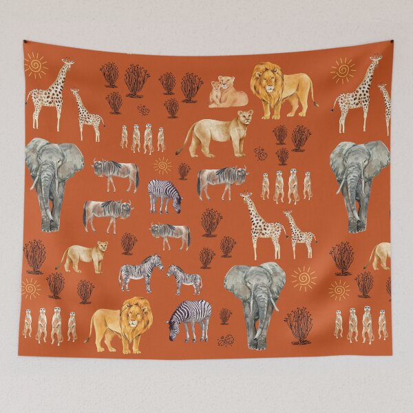 Item preview, African Savannah Wildlife Pattern with Lions, Elephants, Zebras, Meerkats, and Wildebeest designed and sold by Thomas Dossman.