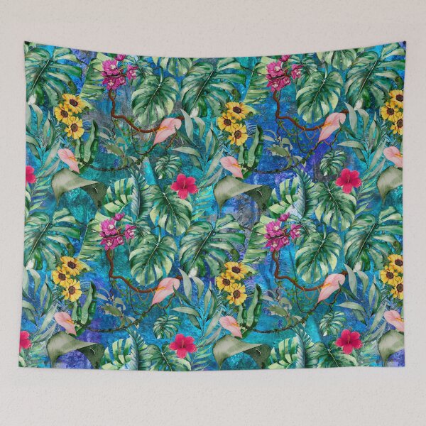 Item preview, Exotic blue turquoise forest, leaves and flowers tropical pattern, botanical illustration, floral illustration    designed and sold by ZeinabTaha.