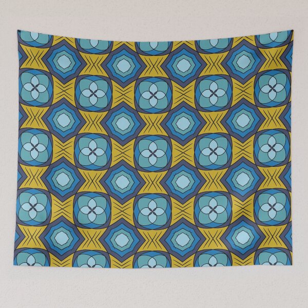 Item preview, Cool blues with yellow, unique hand drawn geometric repeating pattern - WelshDesigns designed and sold by welshdesigns.