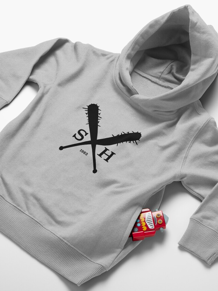 Thumbnail 4 of 5, Toddler Pullover Hoodie, Steve Harrington Baseball Bat Initial Emblem [Black] | Stranger Things designed and sold by tet-design.