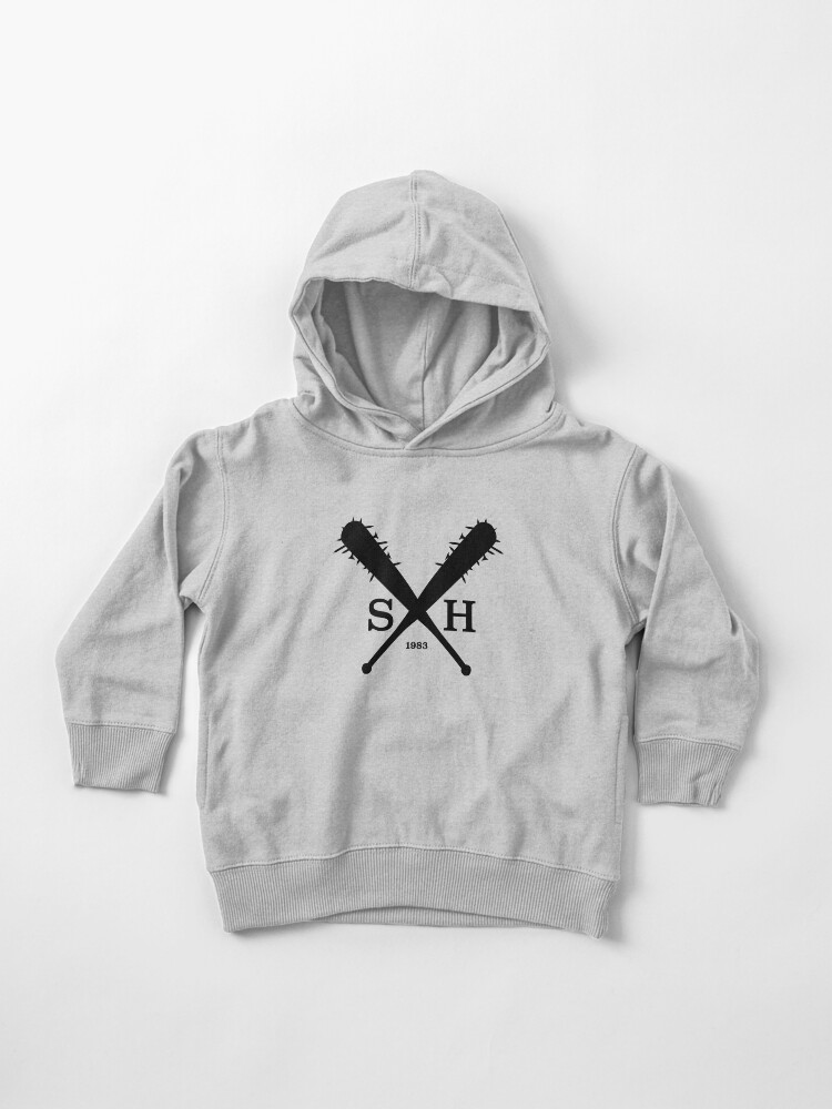Thumbnail 1 of 5, Toddler Pullover Hoodie, Steve Harrington Baseball Bat Initial Emblem [Black] | Stranger Things designed and sold by tet-design.