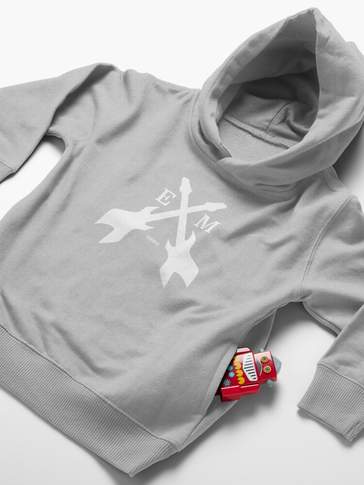 Thumbnail 4 of 5, Toddler Pullover Hoodie, Eddie Munson Guitars Initial Emblem [White] | Stranger Things designed and sold by tet-design.