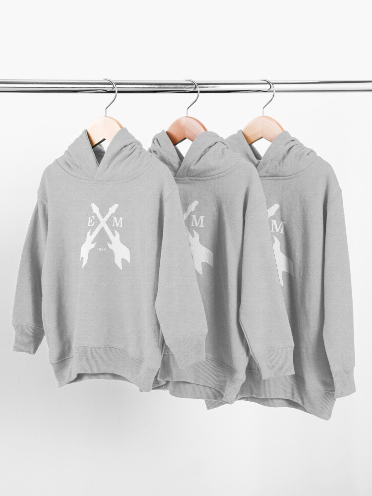 Thumbnail 3 of 5, Toddler Pullover Hoodie, Eddie Munson Guitars Initial Emblem [White] | Stranger Things designed and sold by tet-design.