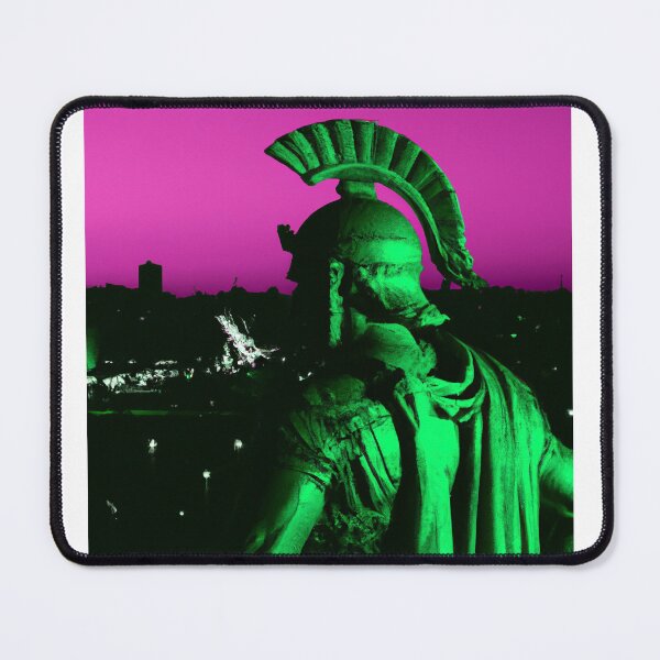 Item preview, DALL·E 2022-08-04 20.38.01 - Marble statue of Roman soldier in front of synthwave city sunset skyline, including neon green-Enhanced.JPG designed and sold by Nate Ober.