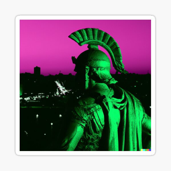Item preview, DALL·E 2022-08-04 20.38.01 - Marmorstatue eines römischen Soldaten vor der Sonnenuntergangssilhouette einer Synthwave-Stadt, einschließlich Neongrün-Enhanced.JPG designed and sold by Nate Ober.