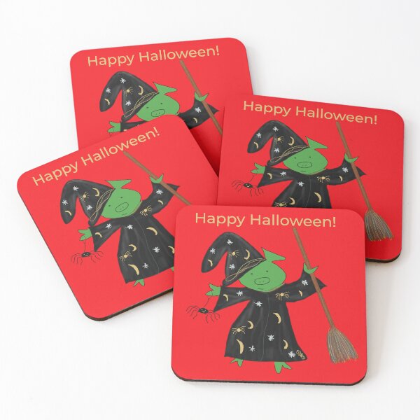 Item preview, Halloween red witch with broomstick and spider.  Cute pig in fancy dress, green, Halloween designed and sold by PiggingJapan.