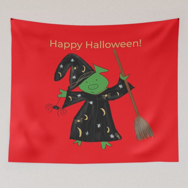 Item preview, Halloween red witch with broomstick and spider.  Cute pig in fancy dress, green, Halloween designed and sold by PiggingJapan.
