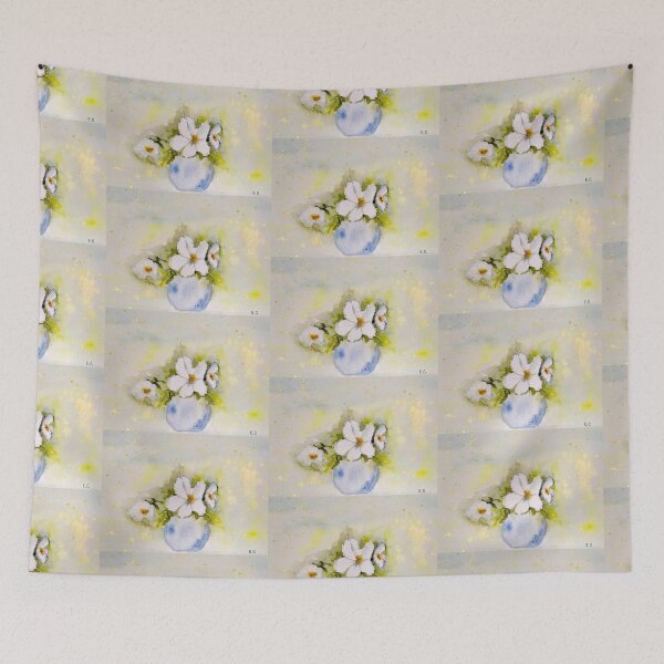 Item preview, White wildflowers in a blue vase.   designed and sold by watercolorsLiz.