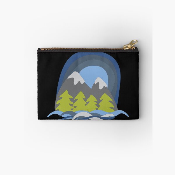 Item preview, Illustrated whimsical mountain scene cartoon snowy forest peaks. designed and sold by AngelDawnDesign.