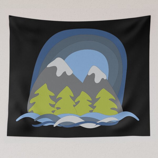 Item preview, Illustrated whimsical mountain scene cartoon snowy forest peaks. designed and sold by AngelDawnDesign.