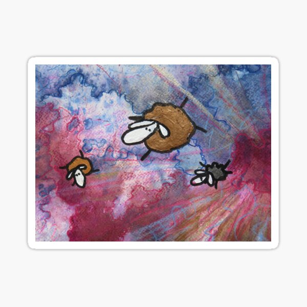 UnFolding the Ewe-niverse #17 mixed media and ink painting of sheep Sticker