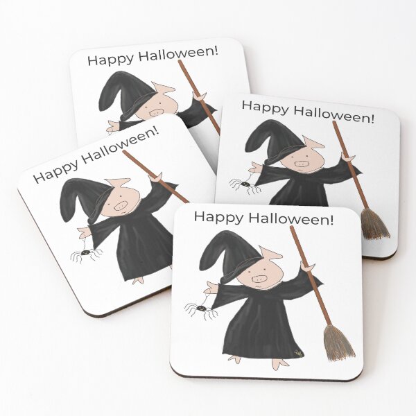 Item preview, Classic White Halloween witch with broomstick and spider.  Cute pig in fancy dress, Halloween designed and sold by PiggingJapan.