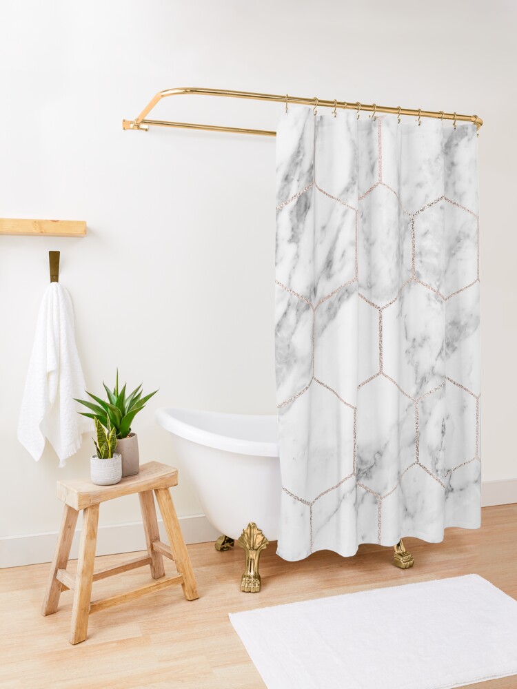 Alternate view of Rose gold and marble honeycomb Shower Curtain