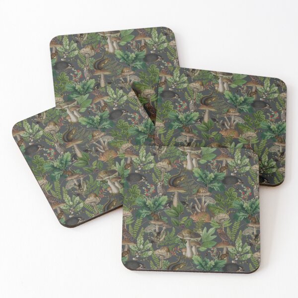 Item preview, Woodland Fairytale- Mushrooms And Wild Animals In Forest - Vintage Botanical Night Garden Pattern Dark Grey Nightgarden designed and sold by UtArt.