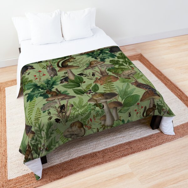 Item preview, Woodland Fairytale- Mushrooms And Wild Animals In Forest - Vintage Botanical Night Garden Pattern Green  Nightgarden designed and sold by UtArt.