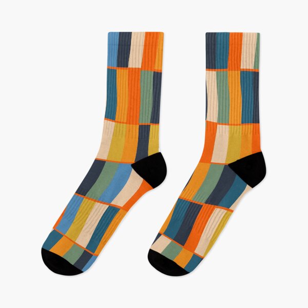Item preview, Long Blocks Retro Modern Geometric Checked Pattern Blue Mustard Orange Eucalyptus  designed and sold by kierkegaard.