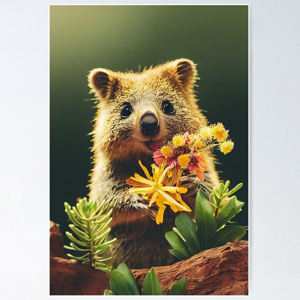 Cute quokka with Australian wild flowers Poster