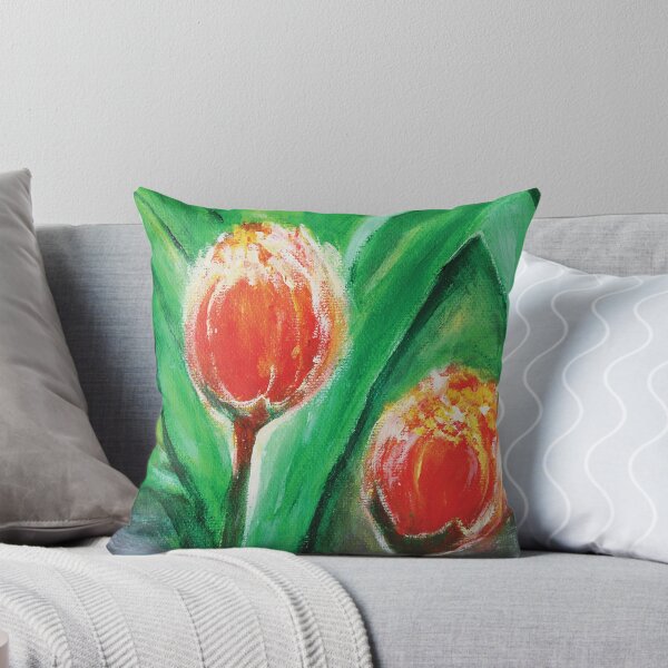 Item preview, Red Tulip flowers with leaves, Acrylic painting designed and sold by Yolanda Designs.