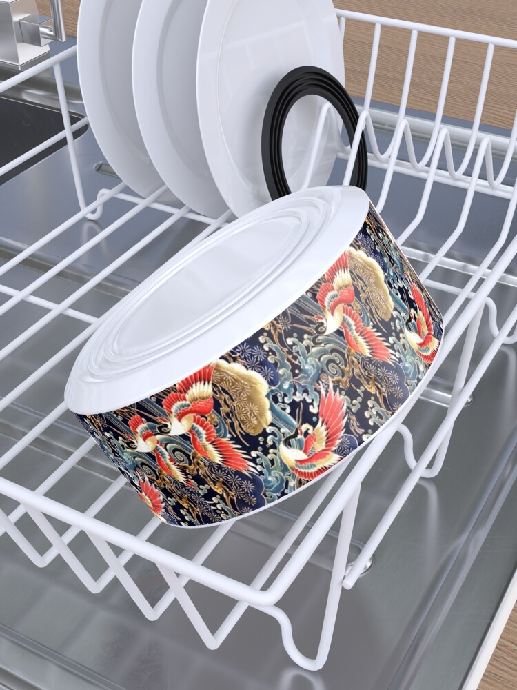 Alternate view of FLYING CRANES ,FLOWERS, SEA WAVES RED NAVY BLUE FLORAL Pet Bowl