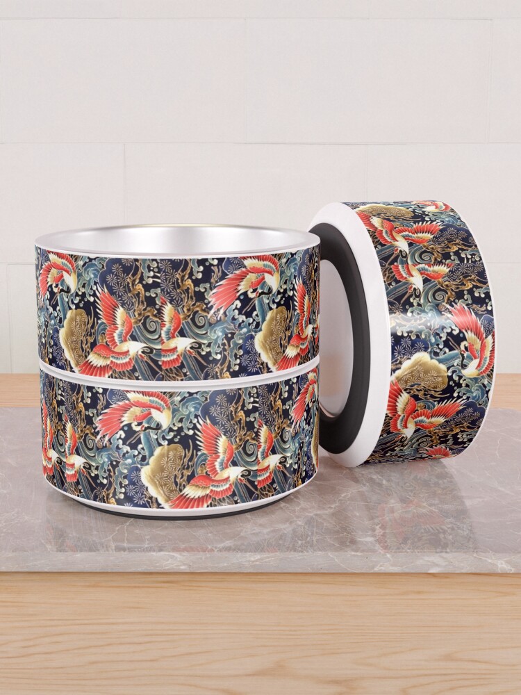 Alternate view of FLYING CRANES ,FLOWERS, SEA WAVES RED NAVY BLUE FLORAL Pet Bowl