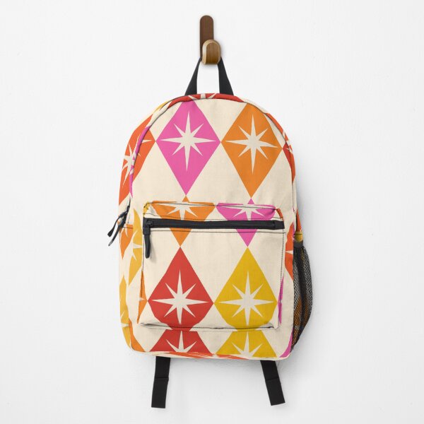 Item preview, Mid century modern starburst on retro harlequin diamonds in orange, red and pink designed and sold by Yasminepatterns .