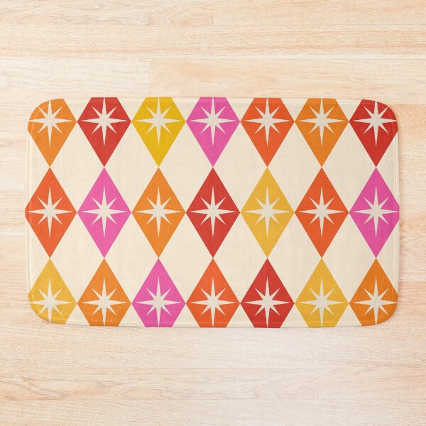 Item preview, Mid century modern starburst on retro harlequin diamonds  in orange, red and pink  designed and sold by Yasminepatterns .