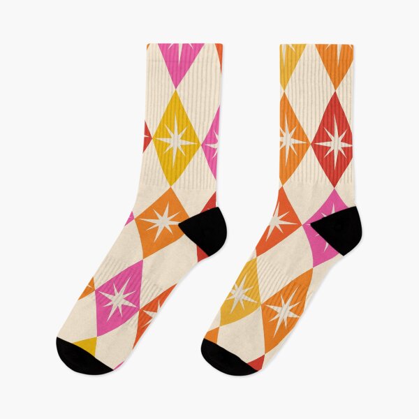 Item preview, Mid century modern starburst on retro harlequin diamonds  in orange, red and pink  designed and sold by Yasminepatterns .