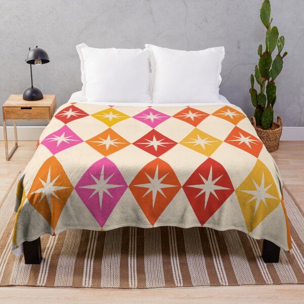 Item preview, Mid century modern starburst on retro harlequin diamonds  in orange, red and pink  designed and sold by Yasminepatterns .
