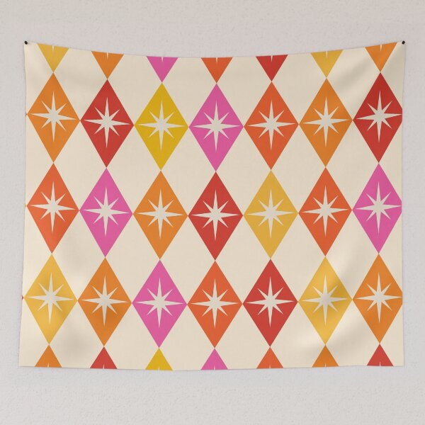 Item preview, Mid century modern starburst on retro harlequin diamonds  in orange, red and pink  designed and sold by Yasminepatterns .