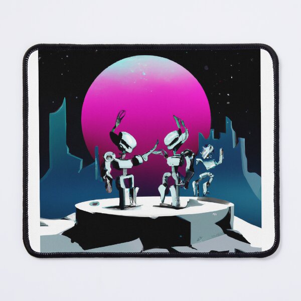 Item preview, DALL·E 2022-09-01 21.52.35 - Robots dancing in a crater on the moon in front of moon city Synthwave style.JPG designed and sold by Nate Ober.