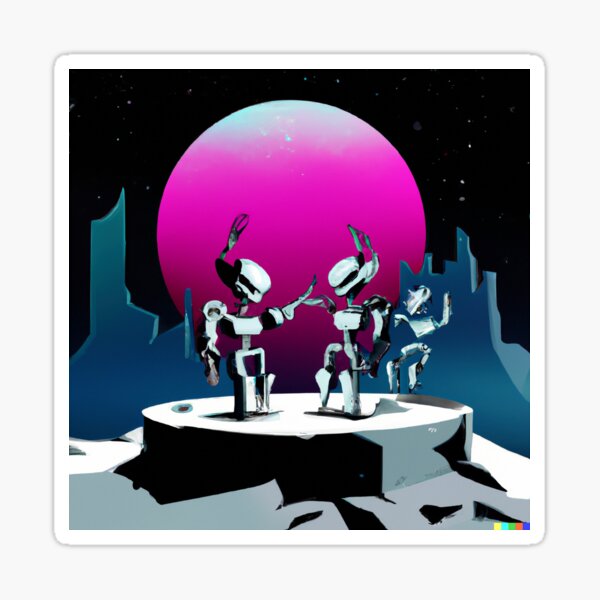 Item preview, DALL·E 2022-09-01 21.52.35 - Roboter tanzen in einem Krater auf dem Mond vor der Mondstadt im Synthwave-Stil.JPG designed and sold by Nate Ober.