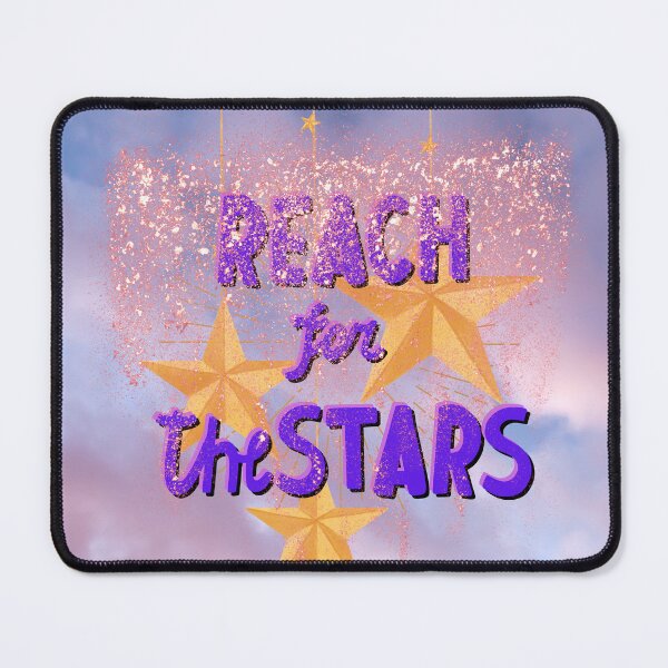Item preview, colourful graphic design word reach for the stars and gold drop down stars on a a light lavender background designed and sold by SoulthreadzStudio.