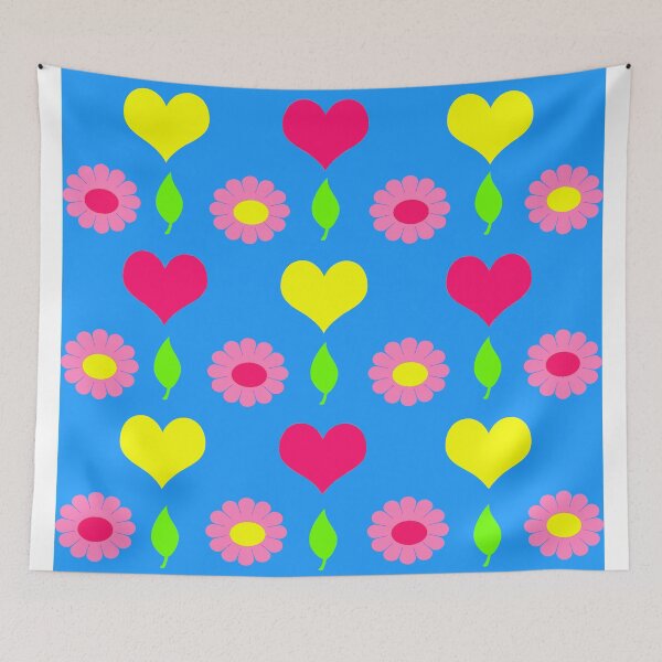 Item preview, Daisy and heart print, turquoise, pink and yellow designed and sold by OakendOriginals.