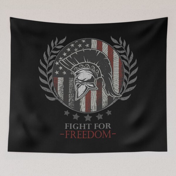 Item preview, Fight for Freedom - A Sparta helmet with the American flag in the background and the slogan Fight For Freedom designed and sold by velisani.