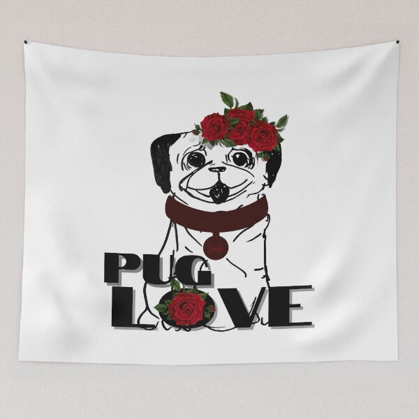 Item preview, Pug love, Pug loves red roses, Pug with flowers on head designed and sold by Anke Franikowski.