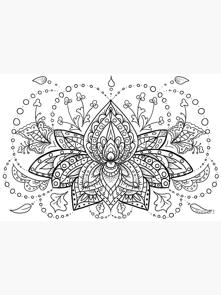 "Lotus Flower Zentangle Mandala Black and White Design" Art Print by