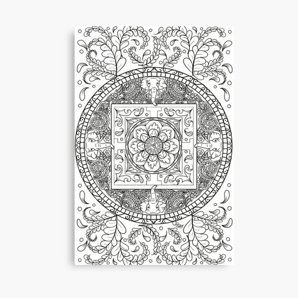 Traditional Elephant Mandala Black and White Design Canvas Print