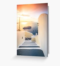 Amazing evening view of Fira, caldera, volcano of Santorini, Greece with cruise ships at sunset. Cloudy dramatic sky. Greeting Card