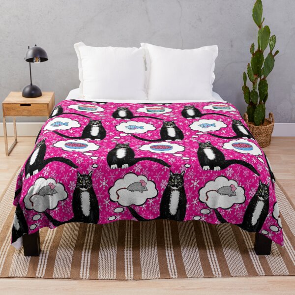 Item preview, Cats dreaming of Christmas treats or Tuxedo Cats with snowflakes on pink designed and sold by MagentaRose.