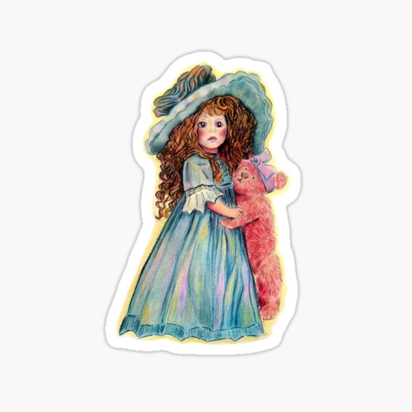 porcelain doll with teddy bear -by GK paintings Sticker