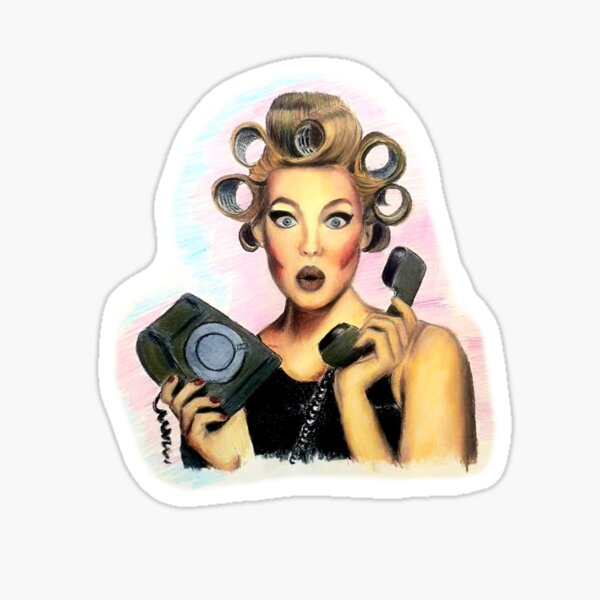 Retro woman holding a vintage phone with a funny pose Sticker