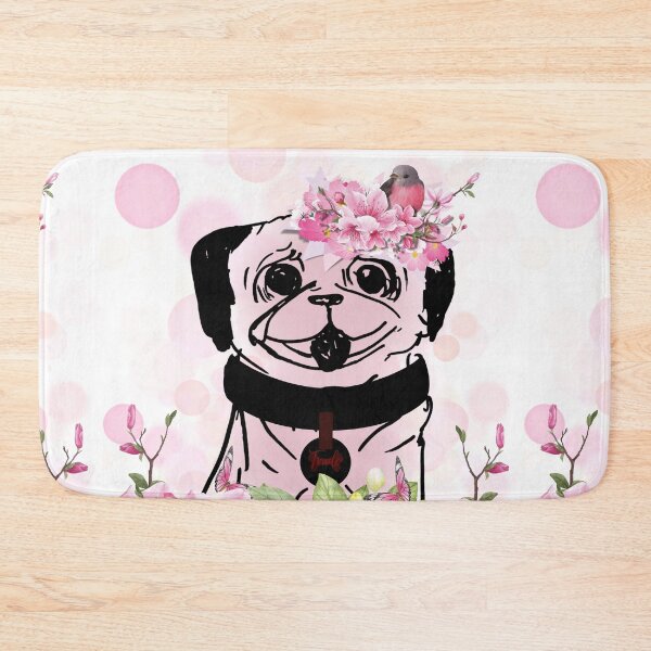 Item preview, Spring Pug, spring pug with pink flowers, pink petals and transparent bubbles in delicate rose designed and sold by Anke Franikowski.