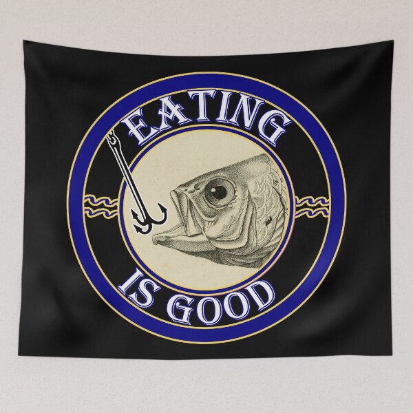 Item preview, 'Eating is Good' Old Book Hooked Fish Graphic - Funny Quotes Designs for T-shirts, stickers and other accessories. designed and sold by Ridiculam Toga.