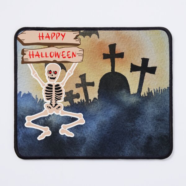 Item preview, Skeleton holding a Happy Halloween sign at the cemetery designed and sold by Marcia Motivos.