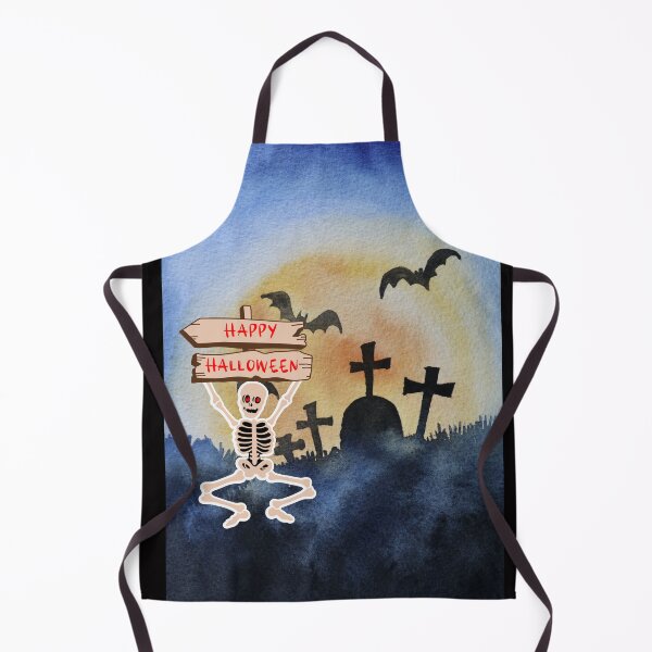 Item preview, Skeleton holding a Happy Halloween sign at the cemetery designed and sold by Marcia Motivos.