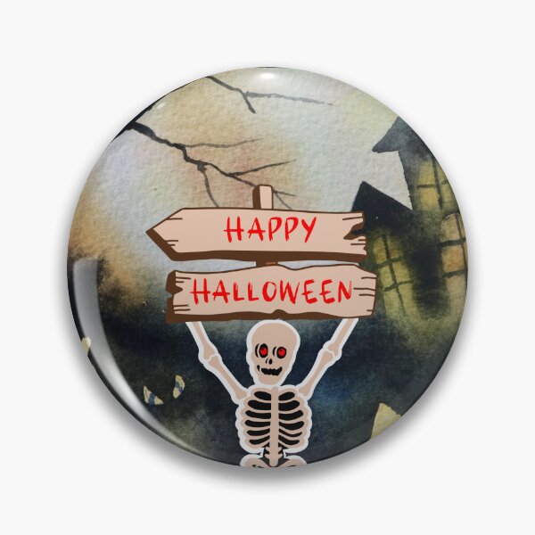 Item preview, Skeleton holding a Happy Halloween sign haunted house designed and sold by Marcia Motivos.